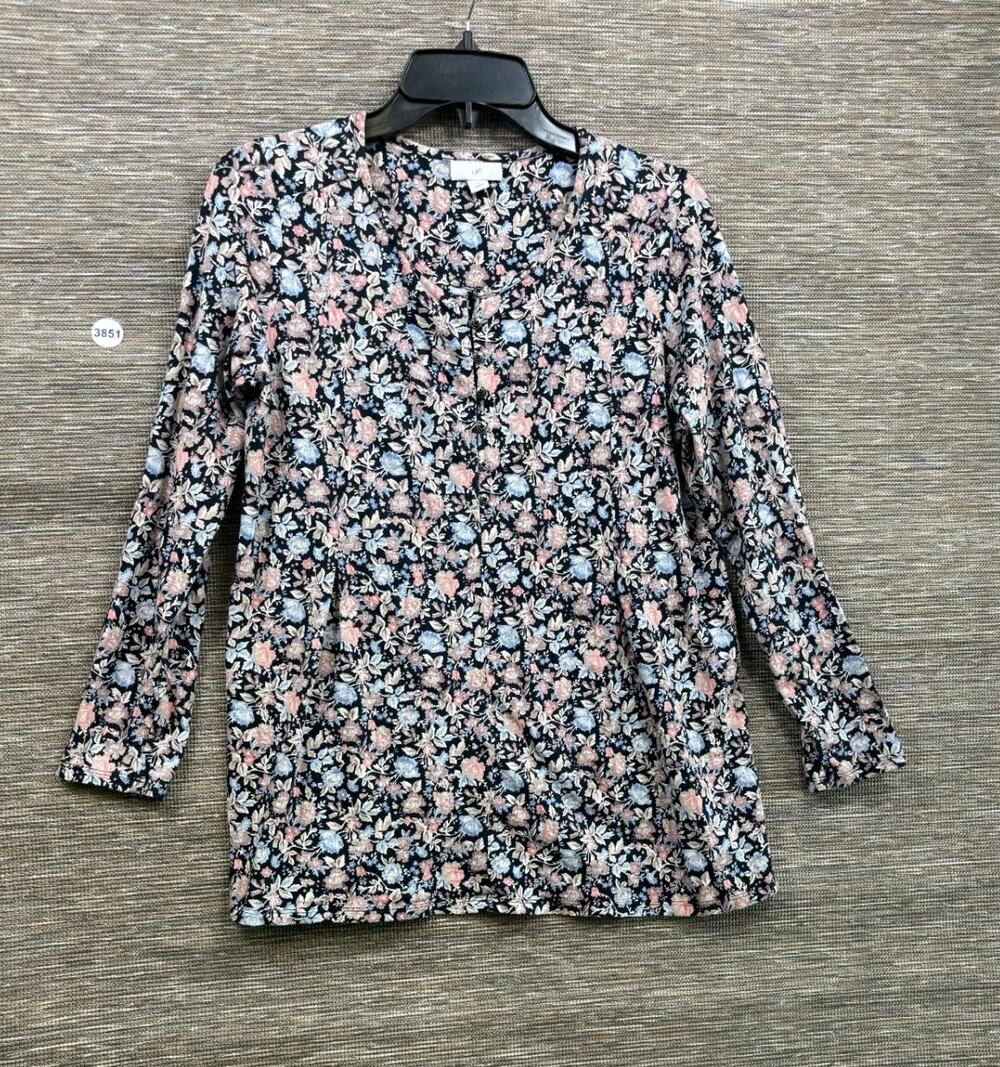 J Jill Floral Top Womens Size SP Black Multi 3/4 Sleeve Casual